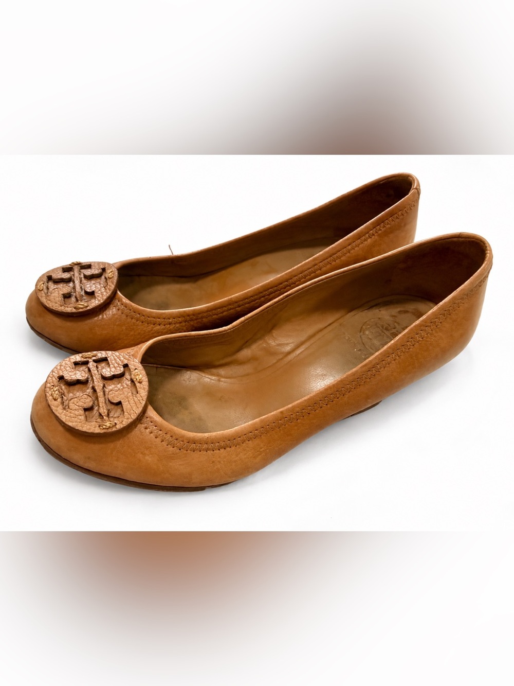 Tory Burch Brown Tan Leather Ballet Flats Double T Logo Medallion Women’s 7